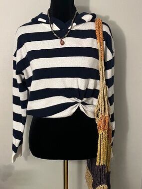 Anthropologie Navy Striped Scrunched Cropped Hoodie Size S